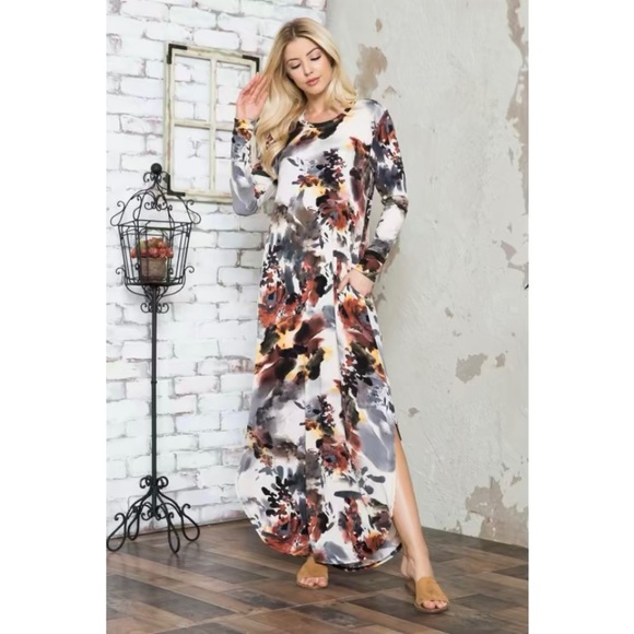 Floral Side Slit Maxi Dress in Brown - Picture 2 of 3